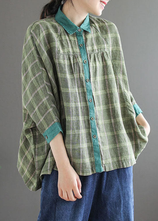 Green Plaid Patchwork Shirt Tops Three Quarter sleeve