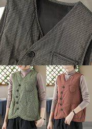 Green Plaid Pockets Button Fine Cotton Filled Vest V Neck Sleeveless