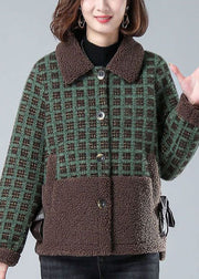 Green Plaid Warm Faux Fur Coats Bow Pockets Winter