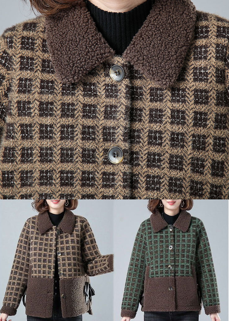 Green Plaid Warm Faux Fur Coats Bow Pockets Winter
