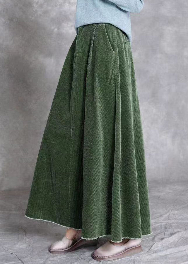 Green Pockets Corduroy Skirts Wrinkled Elastic Waist Spring