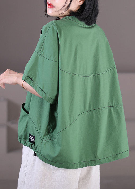 Grüne Taschen Baumwolle Tanktops O-Ausschnitt Kordelzug Kurzarm