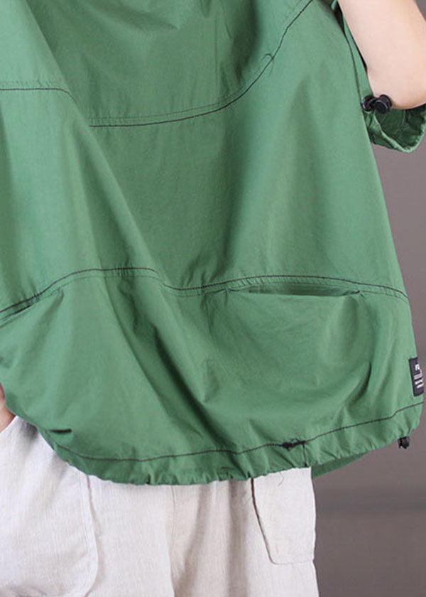 Green Pockets Cotton Tank Tops O-Neck Drawstring Short Sleeve