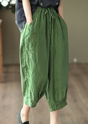 Green Pockets Linen Crop Pants Embroidered Summer