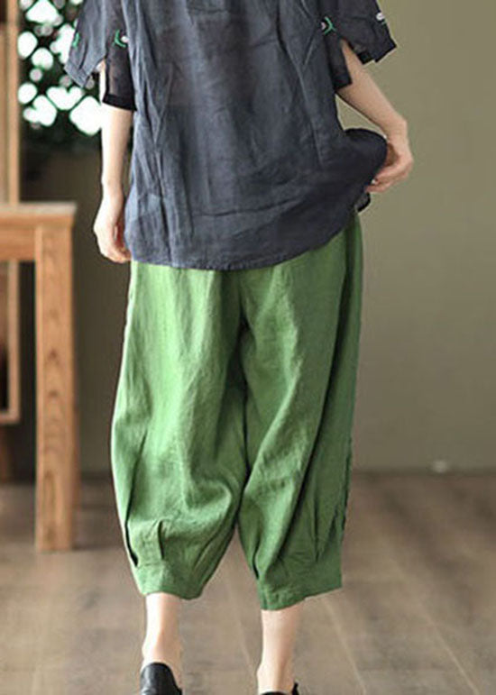 Green Pockets Linen Crop Pants Embroidered Summer