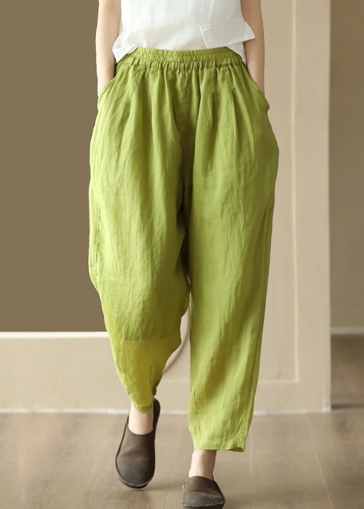 Green Pockets Loose Linen Crop Pants Elastic Waist Summer