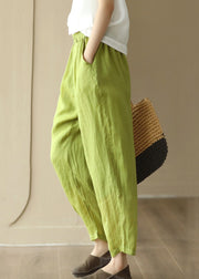 Green Pockets Loose Linen Crop Pants Elastic Waist Summer