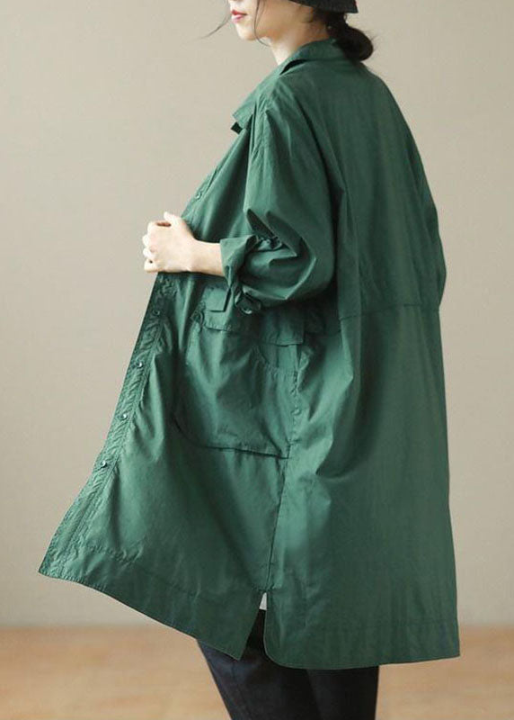Green Pockets Patchwork Button Mid Trench Coat Fall