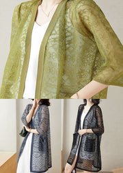 Green Pockets Patchwork Lace Cardigan V Neck Hollow Out Summer