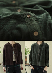 Green Pockets Patchwork Lace Corduroy Coats Long sleeve