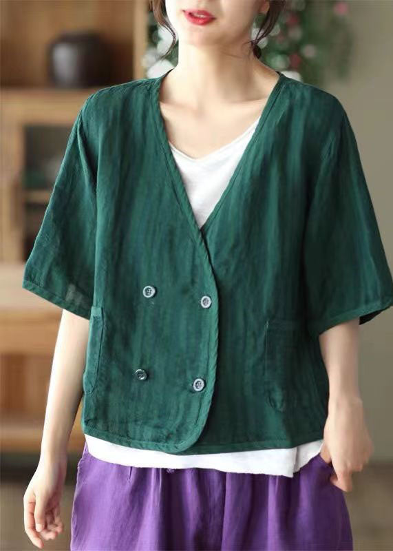 Green Pockets Patchwork Linen Cardigan V Neck Summer