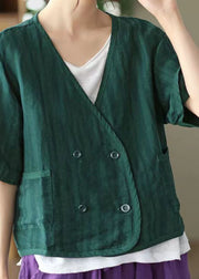 Green Pockets Patchwork Linen Cardigan V Neck Summer