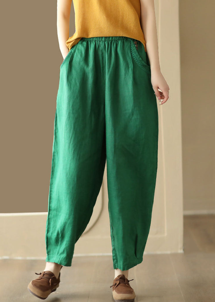 Green Pockets Patchwork Linen Pants Elastic Waist Summer