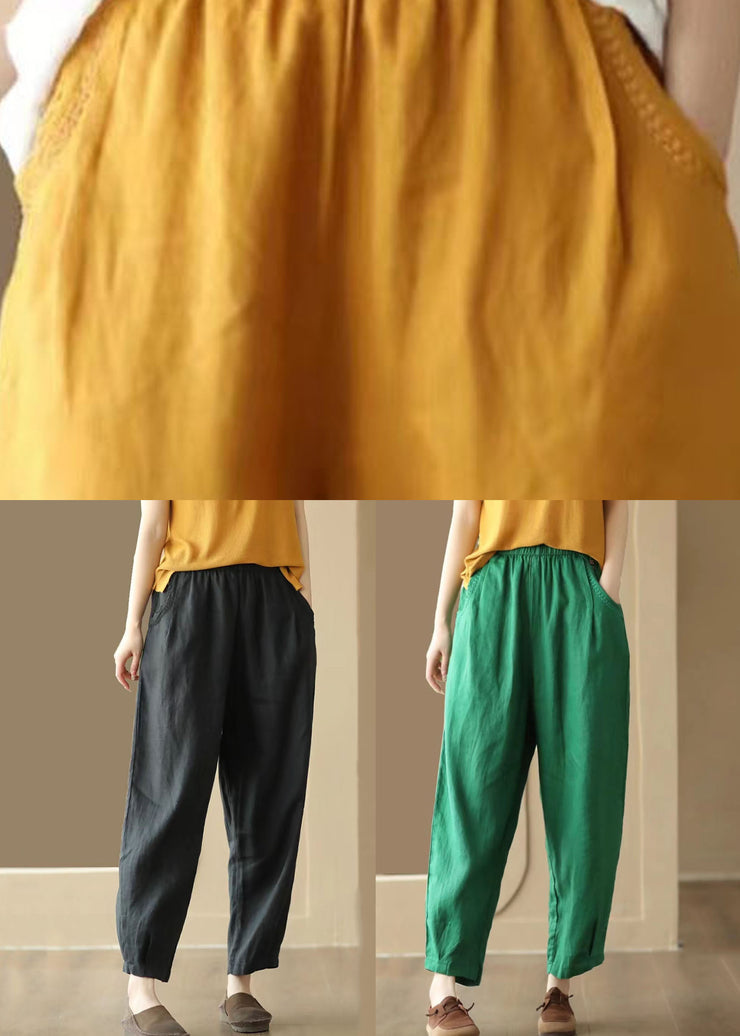 Green Pockets Patchwork Linen Pants Elastic Waist Summer