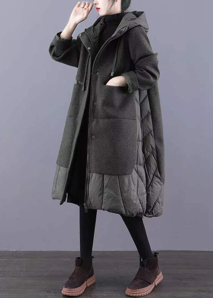 Green Pockets Patchwork Thick Long Coat  Zip Up Long Sleeve