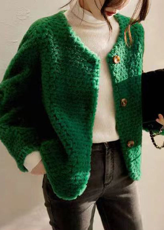 Green Pockets Patchwork Wool Coats O Neck Button Winter