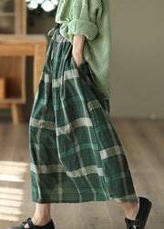 Green Pockets Plaid Print Linen Skirt Elastic Waist Spring