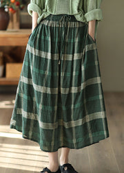 Green Pockets Plaid Print Linen Skirt Elastic Waist Spring