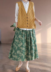 Green Pockets Print Linen Skirt Wrinkled Spring