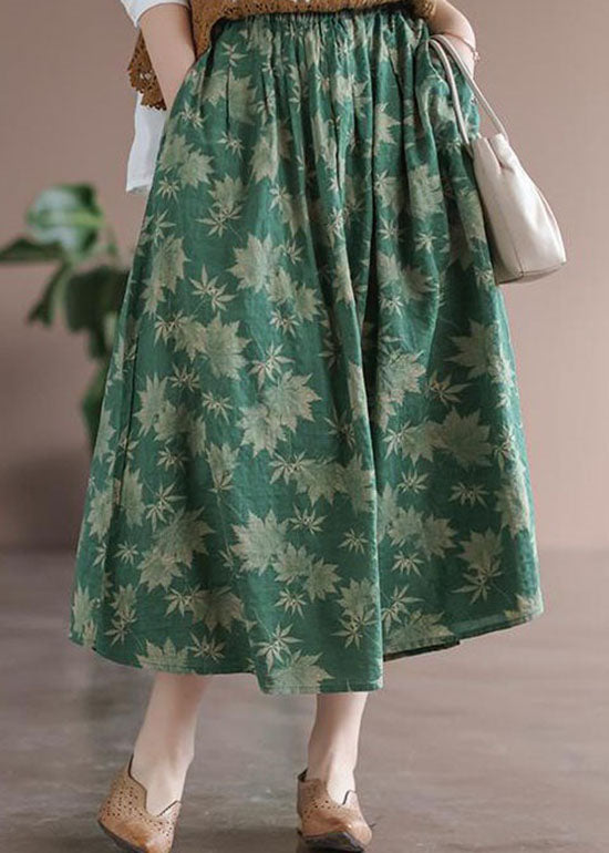 Green Pockets Print Linen Skirt Wrinkled Spring