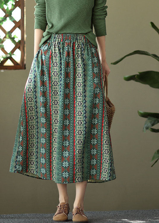 Green Pockets Print Linen Skirts High Waist Summer