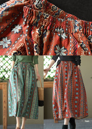 Green Pockets Print Linen Skirts High Waist Summer