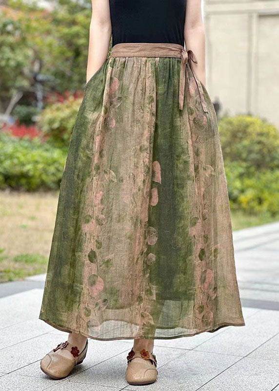 Green Pockets Print Patchwork Linen Skirts Lace Up Summer