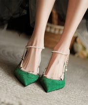 Green Pointed Toe Stylish Beading Splicing Stiletto High Heels