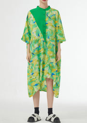 Green Print Button Patchwork Cotton Dresses Low High Design Summer