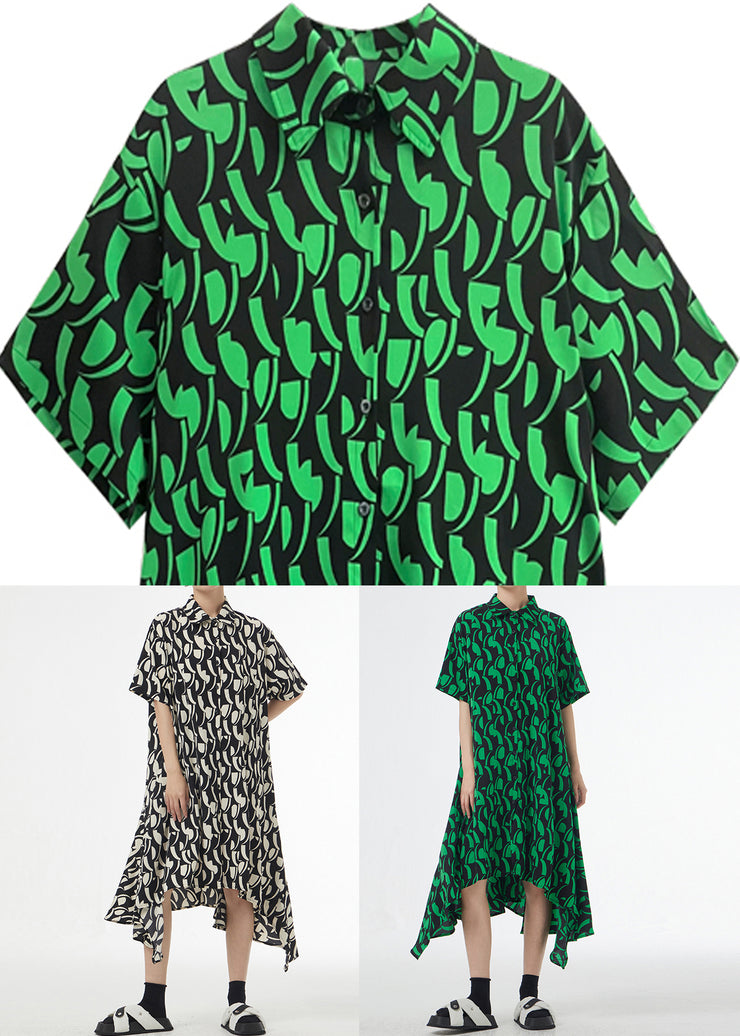 Green Print Button Patchwork Silk Cotton Shirts Dresses Peter Pan Collar Short Sleeve