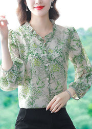 Green Print Chiffon Shirt Top Oversized Ruffled Spring