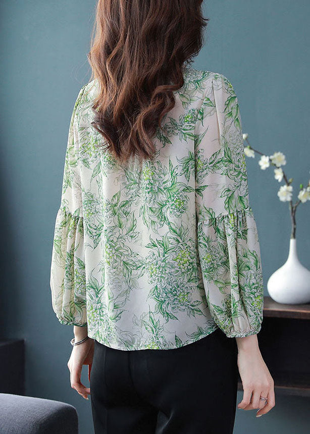 Green Print Chiffon Shirt Top Oversized Ruffled Spring