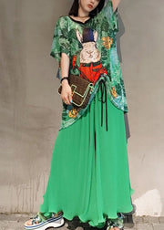 Green Print Chiffon Two Piece Set Women Clothing Drawstring Summer