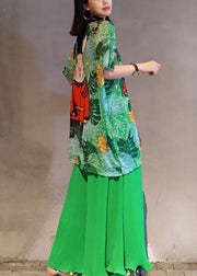 Green Print Chiffon Two Piece Set Women Clothing Drawstring Summer