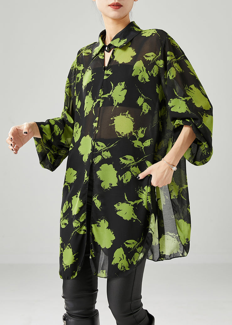Green Print Chiffon UPF 50+ Shirt Tops Oversized Fall