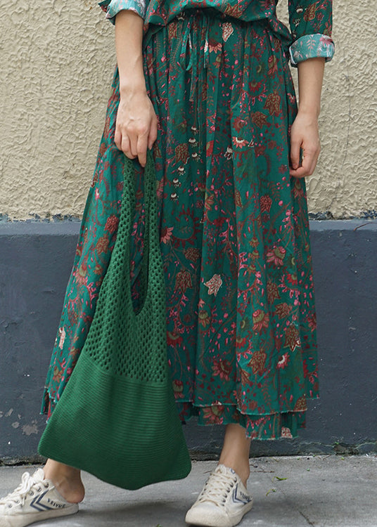 Green Print Cotton A Line Skirts double-deck Spring