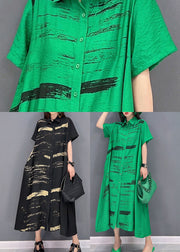 Green Print Cotton Loose Shirt Dress Peter Pan Collar Button Short Sleeve