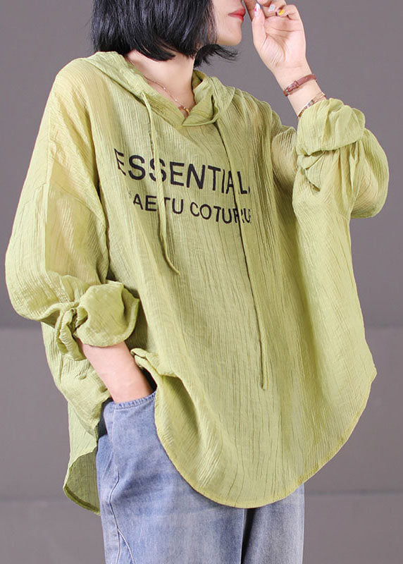 Green Print Cotton Loose Sweatshirts Top Drawstring Wrinkled Long Sleeve