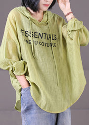 Green Print Cotton Loose Sweatshirts Top Drawstring Wrinkled Long Sleeve
