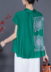 Green Print Cotton Shirt Top Asymmetrical Button Summer