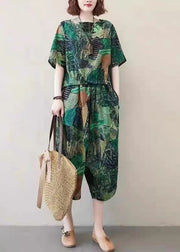 Green Print Cotton Tops And Crop Pants Two Piece Set O-Neck Low High Design Summer