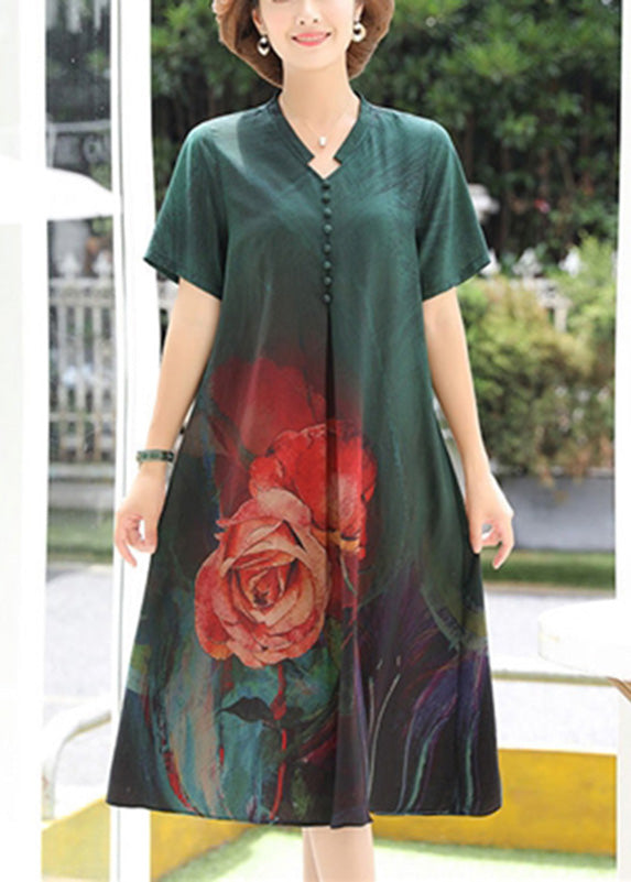 Green Print Cozy Silk Long Dress Summer