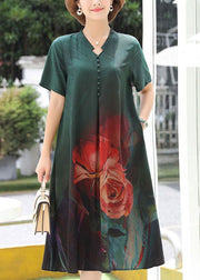 Green Print Cozy Silk Long Dress Summer
