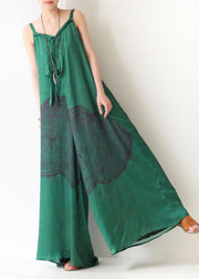 Green Print Jumpsuit Summer Strap Wide Leg Pants - SooLinen