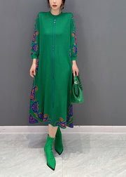 Green Print Knit Long Dresses O-Neck Slim Fit Spring
