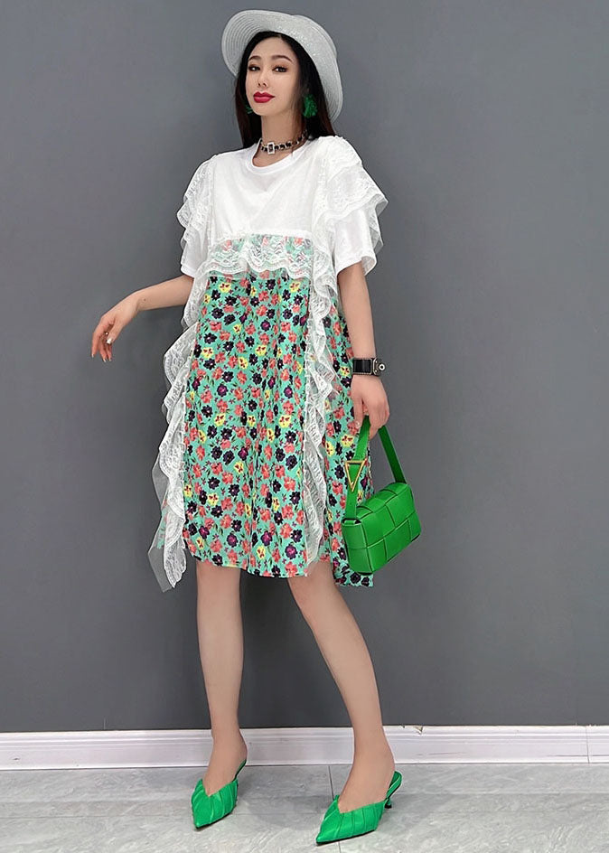 Green Print Lace Patchwork Party Dress O-Neck Short Sleeve