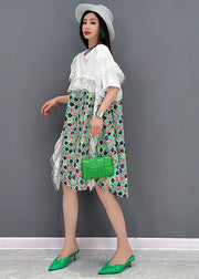 Green Print Lace Patchwork Party Dress O-Neck Short Sleeve