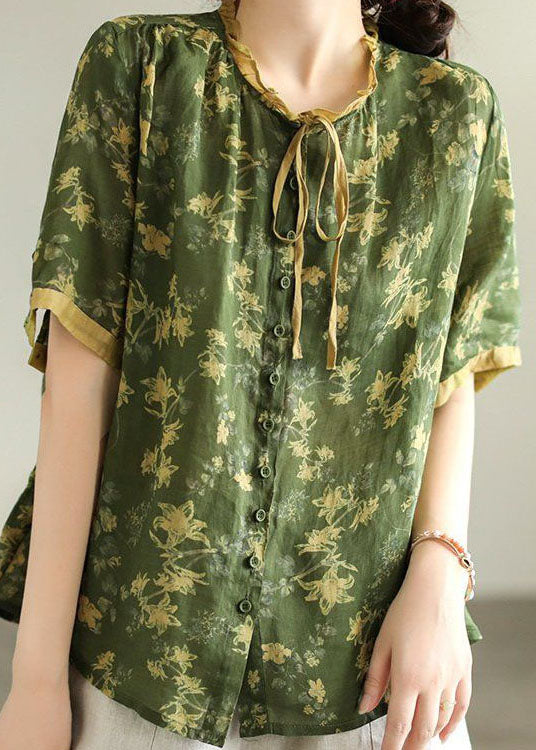 Green Print Linen Blouse Top Wrinkled Summer