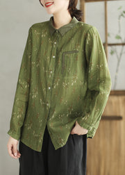 Green Print Linen Blouses Peter Pan Collar Long Sleeve