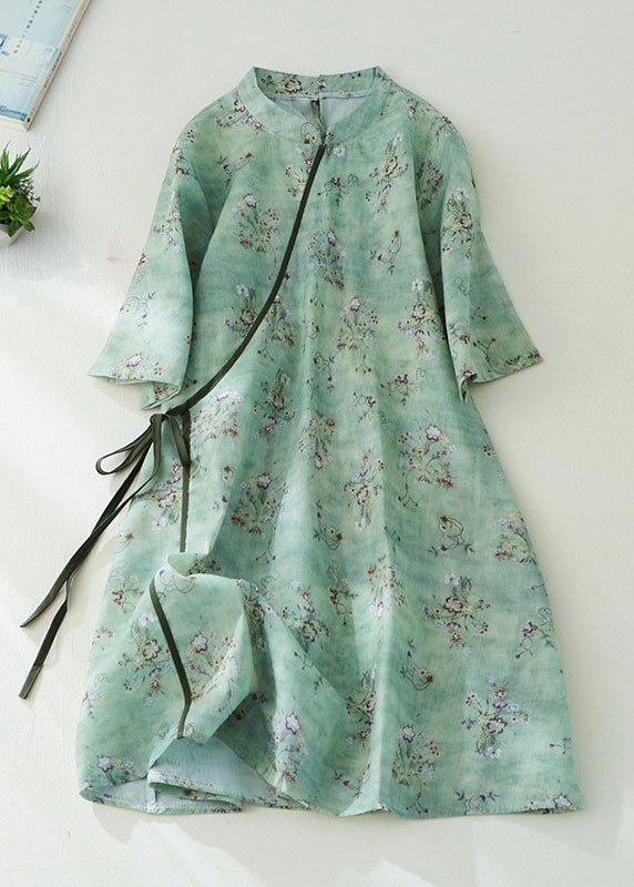 Green Print Linen Mid Dress Mandarin Collar Tie Waist Half Sleeve